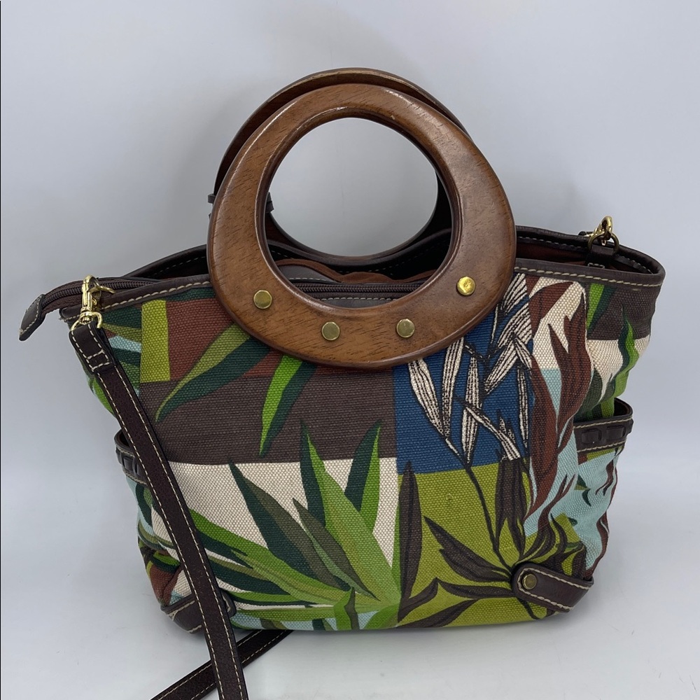 Fossil Flower Canvas, Leather & Wood Top Handle Or Detachable Shoulder Strap - Picture 5 of 9